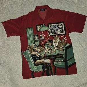 Men's Red Short-Sleeve Graphic Button-Down Shirt with Dog Poker Scene
